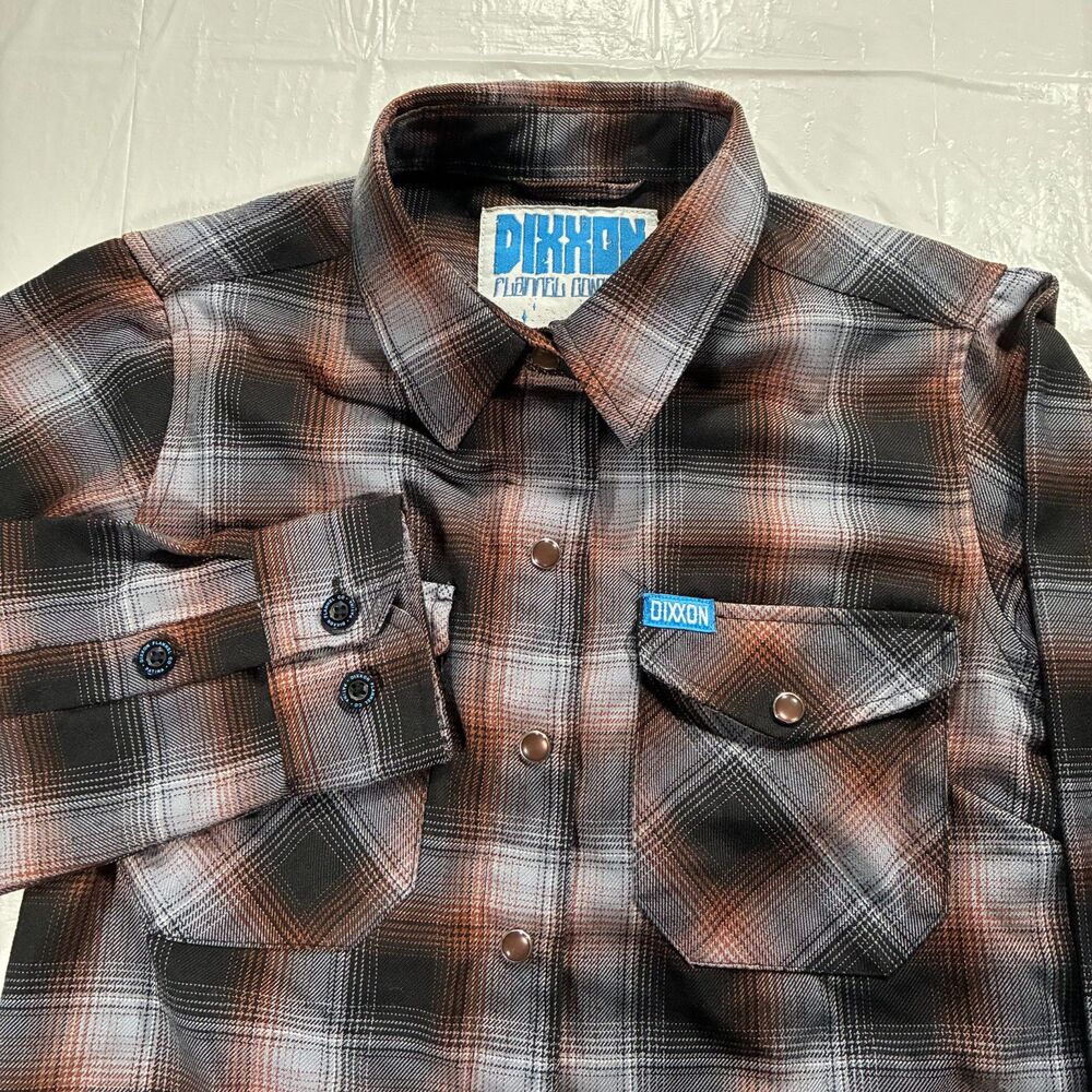 Dixxon Flannel Co Patina Plaid Snap Front Shirt Womens Small Brown Orange Grey